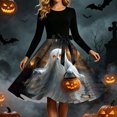 thumbnail image 5 of Karymi Plus Size Dresses Halloween Print Swing Midi Dress, Solid Crew Neck Long Sleeve Satin Bow Waist Vintage A Line Party Costume Dress Maxi Dresses for Women, 5 of 6