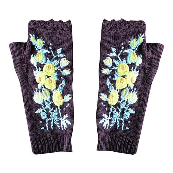 Penkiiy Arm Warmers Fingerless Gloves For Women Ladies Fashion Vintage Knitted Gloves Flower Hollow Out Embroidered Warm Half Finger Woman's Gloves Brown Gloves