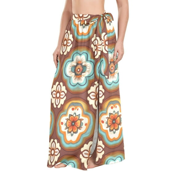 FORMRS Womens Long Sarong Beach Wrap Semi-Sheer Bikini Skirt Bathing Swimsuit Cover Up, Retro Blossom Flower