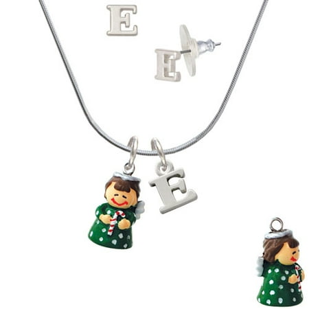 Right Angle Stud - Resin Green Angel Holding Candy Cane - E Initial Charm Necklace and Stud Earrings Jewelry Set