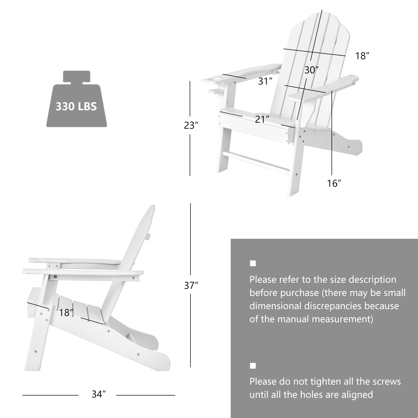 Patiojoy 2PCS Adirondack Chair Outdoor with Cup Holde Weather Resistant Lounger Chair for Backyard Garden Patio and Deck White