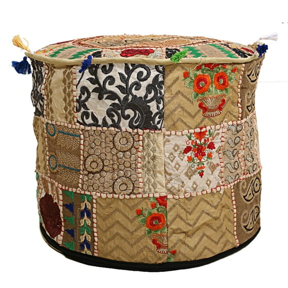 DK Homewares Indian Vintage Patchwork Pouffe Footstool Beige Round Foot Rest Living Room Cotton Embroidered Hassock Pouf Ottoman Cover Floral Traditional 22x22x14 Inch - COVER ONLY