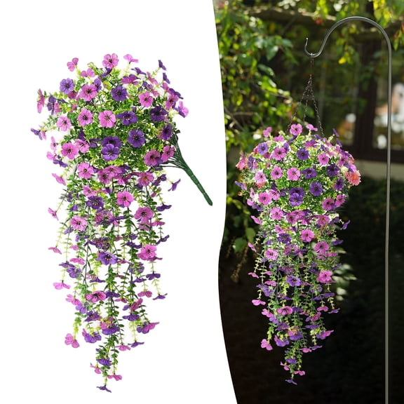 Goowood Artificial Hanging Flowers Outdoors Fake Plants Weather Resistant Faux Vine for Porch Garden Patio Home Decor - Dark Purple Light Purple