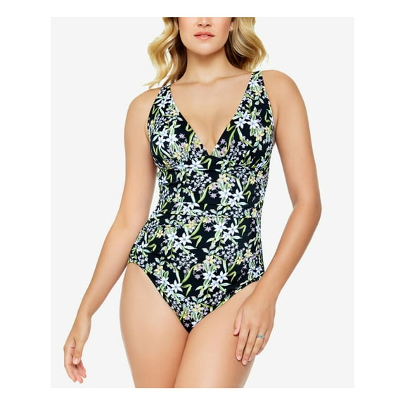 SWIM SOLUTIONS Women's Black Floral Stretch Tummy Control Deep V-Neck Fixed Cups Adjustable Full Coverage One Piece Swimsuit 14