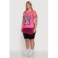 thumbnail image 4 of Womens Plus Size Fishnet Boss 23 Rhinestone Graphic Top with Varsity Stripe Details, 4 of 5