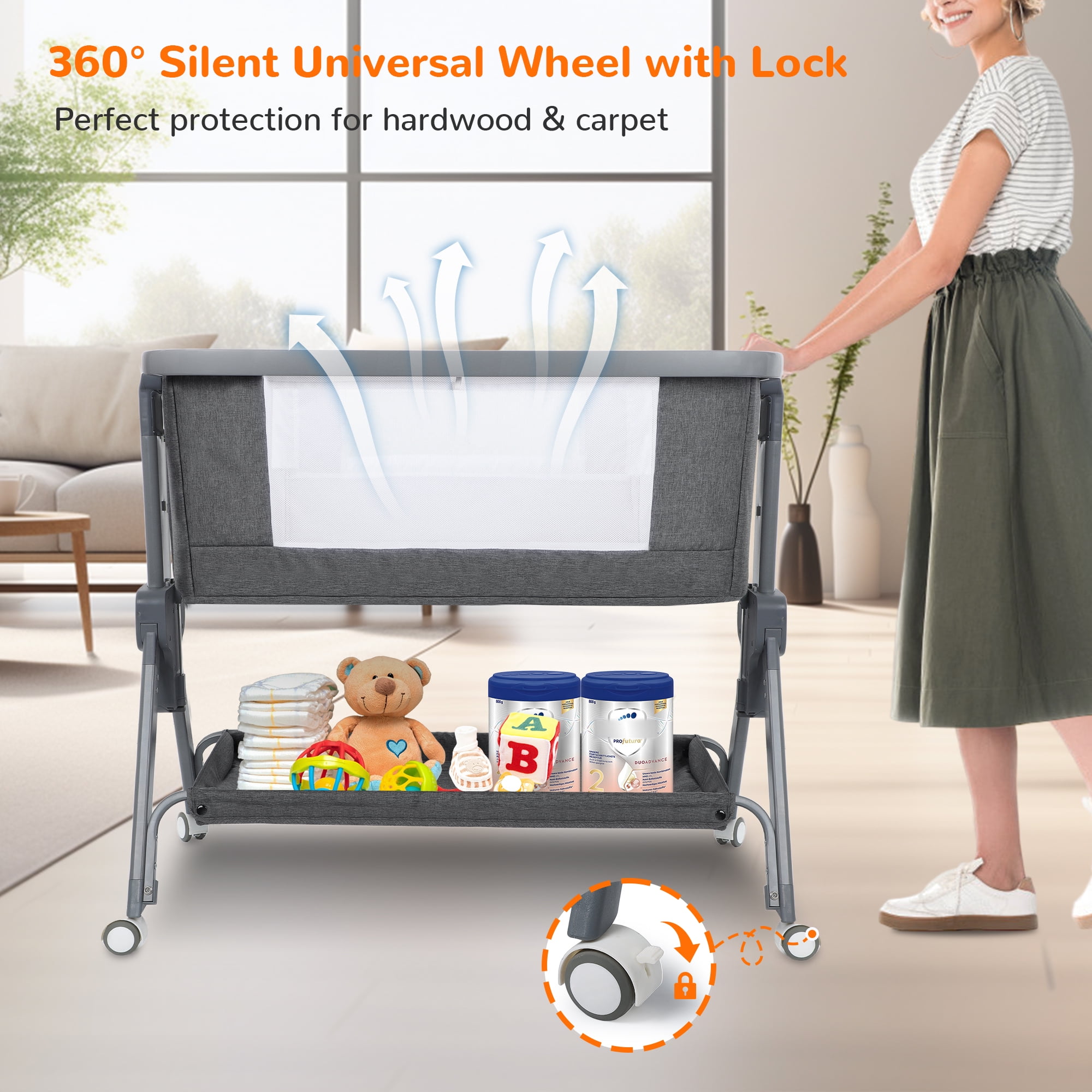 Vomeast Baby Bassinet Bedside Sleeper with Wheels, Adjustable Height, Dual-Lock, Storage Bag for Newborns Infants, Gray