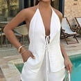 thumbnail image 2 of Gdvsclr Women'S Summer Solid Loose Fit Sexy- Backless Halter Tie Front Tops and High Waisted Shorts 2 Piece Cream White S, 2 of 8