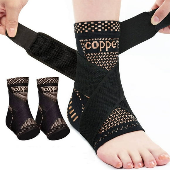 Fridja Copper Ankle Brace Adjustable Compressions Sleeve, 1 Pair Black Ankle Support Heel Brace for Achilles Tendonitis, Plantar Fasciitis, Running Gym Foot Injury Recovery (Large)
