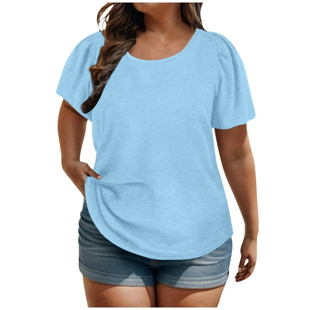 AherBiu Plus Size Tops for Women Basic Round Neck Loose Fitting Short Sleeve Solid Color Tees Shirts Tops