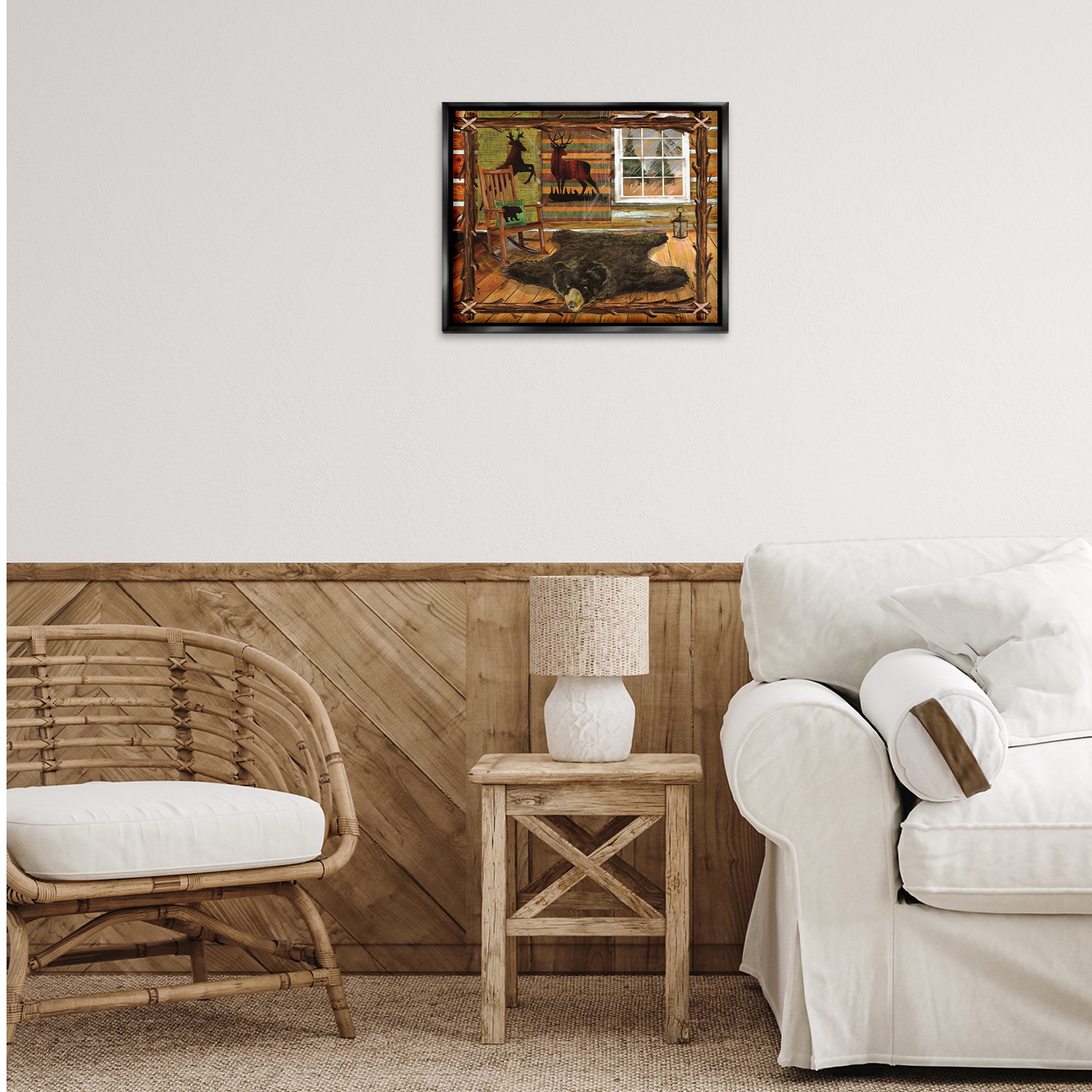 Stupell Industries Rustic Cabin with Border Animals & Insects Painting Black Floater Framed Art Print Wall Art, 21 x 17