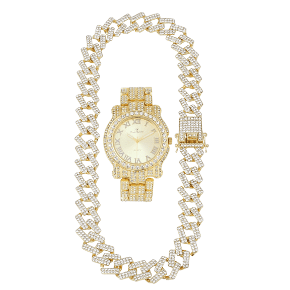 Ice on Blast! Bling'ed Out Hip Hop Rolly Looks w/Ice on Watch & Jewelry -Your Choice of Matching Zig Zag Bling'ed Out Necklace Set or Necklace & Bracelet Set - ZZ Sets (L0504 Shiny Gld ZZ Neck)