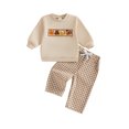 thumbnail image 2 of Toddler Baby Boys Thanksgiving Outfits Adorable Pumpkin Pie Embroidery Long Sleeve Round Neck Sweatshirt and Plaid Pants Set, 2 of 10