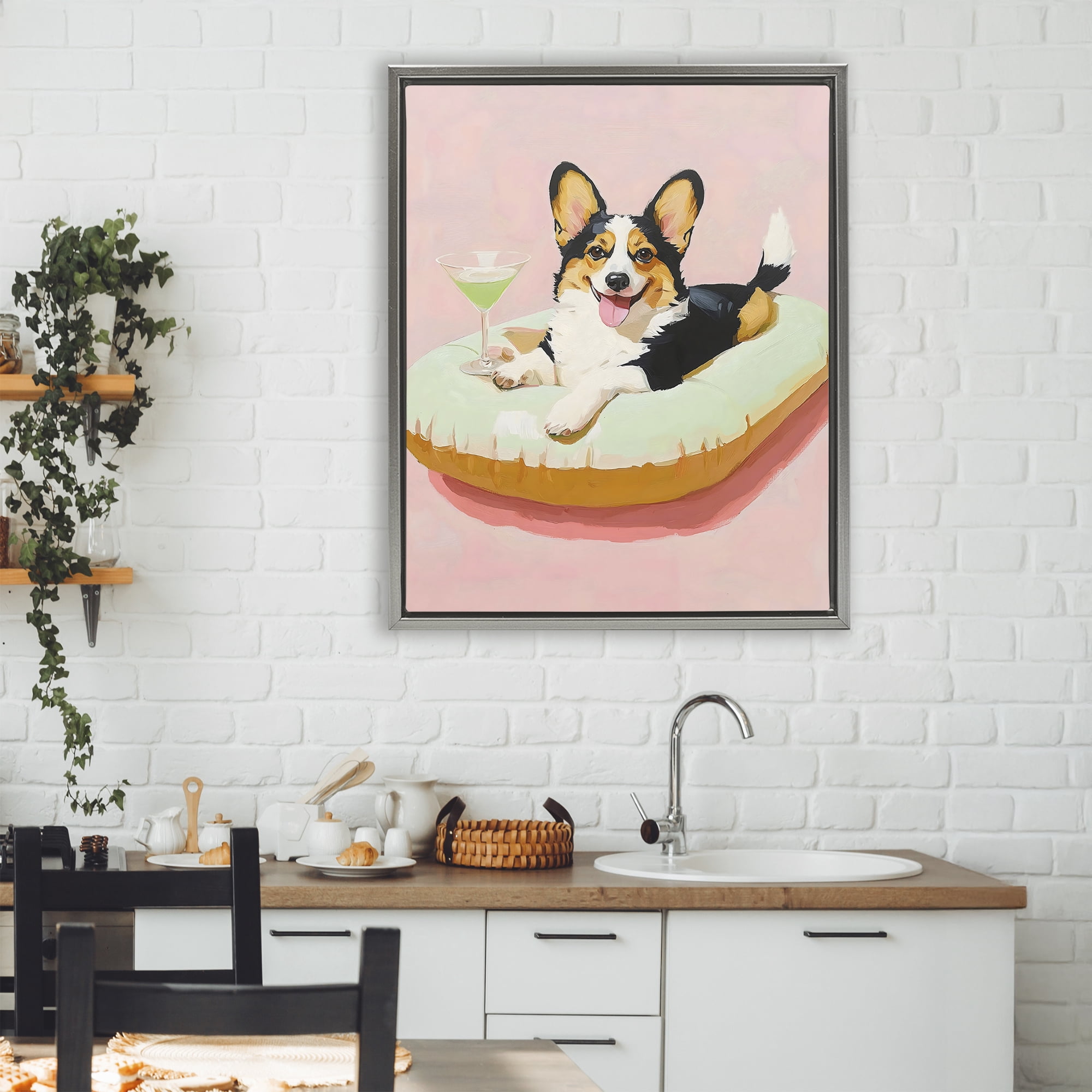 Stupell Industries Pastel Corgi with Cocktail Gray Framed Floater Canvas Wall Art, design by The Prints Vibe