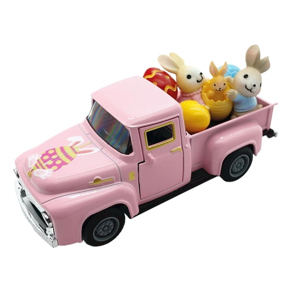 Kiewfjdk Easter Truck Vintage Decor, 5.7" Die-Cast Metal Pickup Truck with Bunny Figurines, Easter Decorations for Home, Easter Table Decor & Vintage Easter Decor for Spring Holiday, Pink