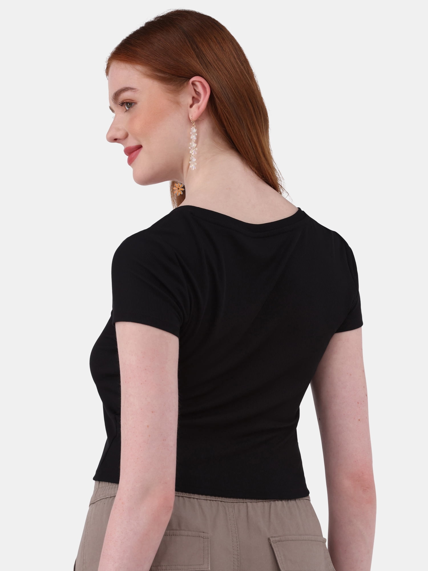 No Boundaries V-Neck Crop Rib Tee, Women's