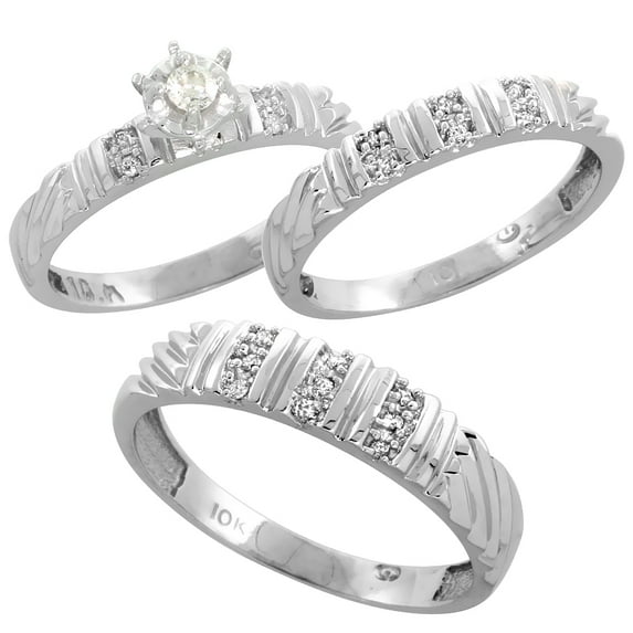 10k White Gold Diamond Trio Wedding Ring Set His 5mm & Hers 3.5mm Ladies Size 5