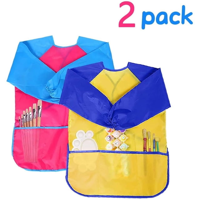 2 piezas (cuerpo amarillo, mangas azul oscuro, cuerpo rosa, mangas azul claro) - Delantal para niños, ropa de pintura, cubierta delgada impermeable de manga larga Ormromra LN-1036