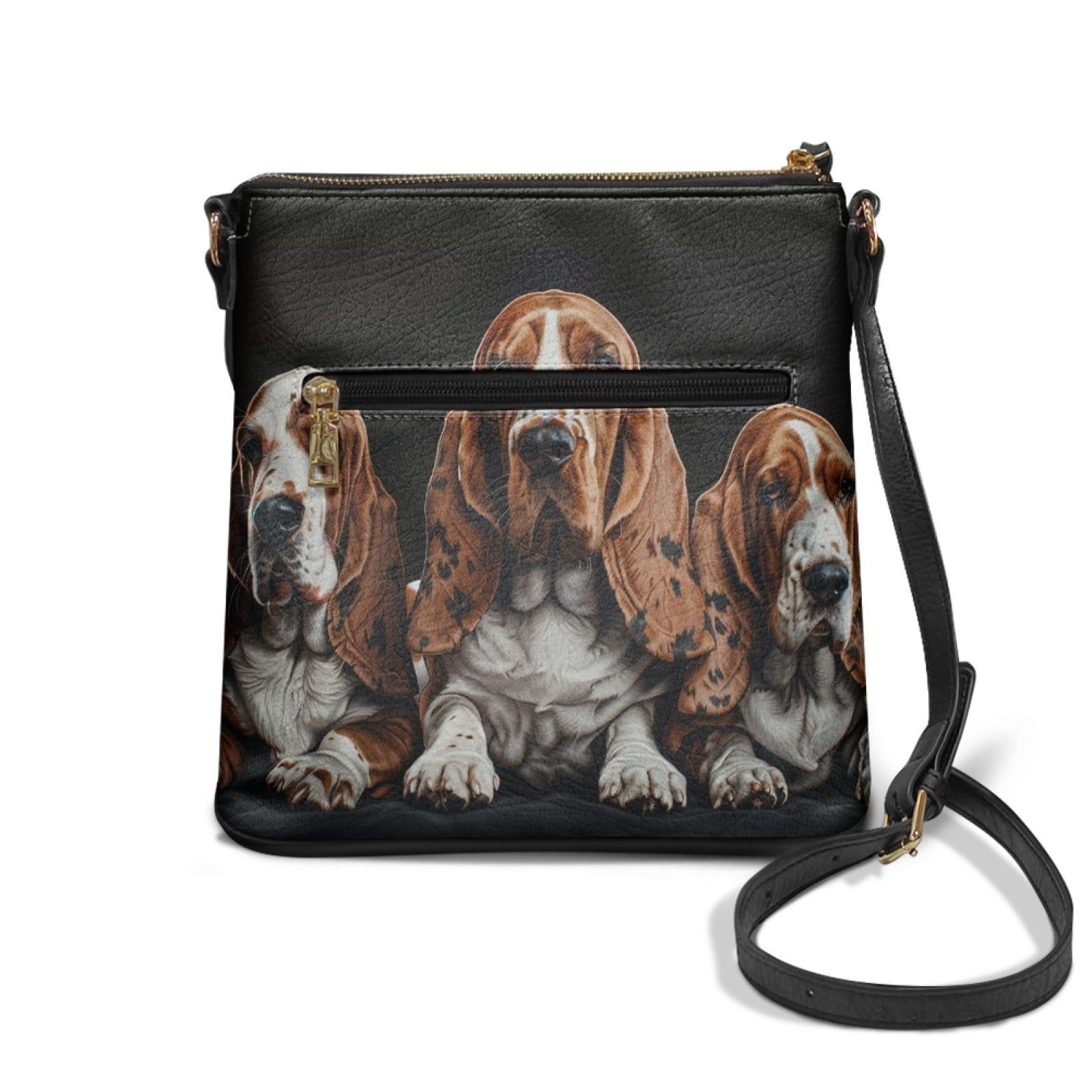 LedBack Basset Hound Print Leather Crossbody Purse for Women Ladies, Zipper Cross Body Bag Hobo Bag Messenger Purse Multi Pockets Satchel Purse with Adjustable Strap, Black
