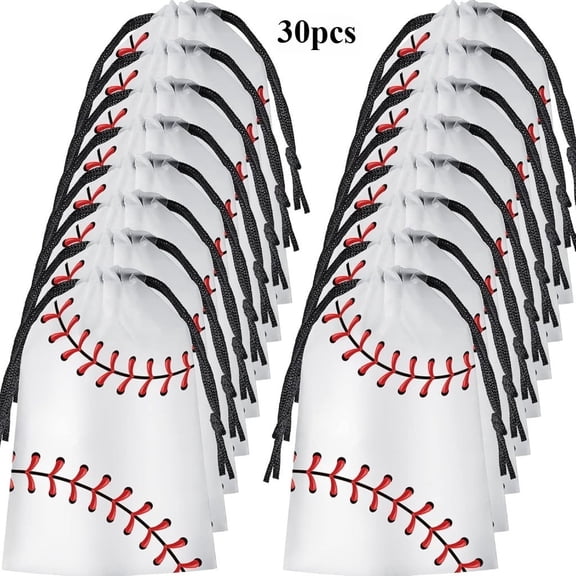 30 Pack 6 x 8 Inch Plastic Baseball Drawstring Party Favor Bags - Snack Goodie Bags for Birthday & Sports Theme Party Supplies, Gift Packaging & Storage