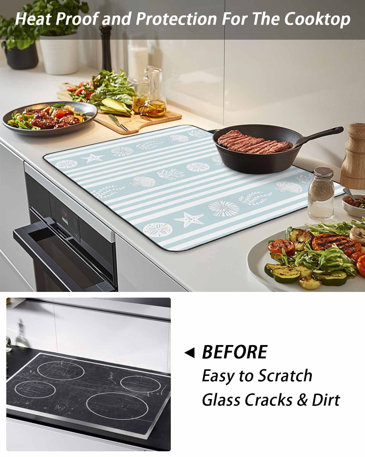 Stove Top Covers for Electric Stove, Sky Blue Striped Coastal Glass Stovetop Cover Protector, Nautical Beach Starfish Shell Induction Cooktop Protector Oven Mat for Kitchen Countertop 24"x21"