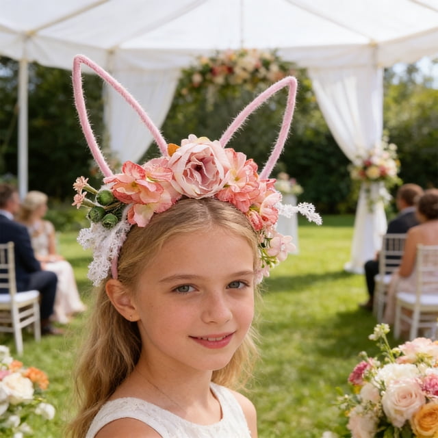 Diadema de corona de Pascua con orejas de conejo, diadema floral estilo bosque, accesorio para el cabello con flores artificiales. Diadema de plástico.