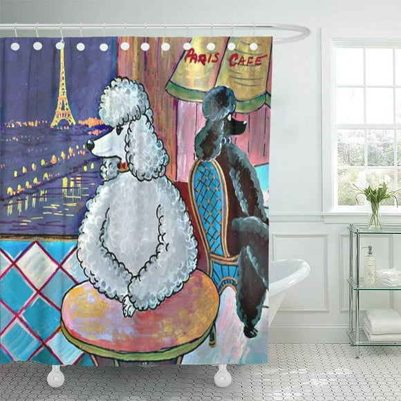 YUSDECOR Silver Black Poodles in Paris Painting Eiffel Tower Scene Bathroom Decor Bath Shower Curtain 60x72 inch