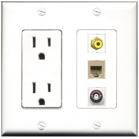 RiteAV - 15 Amp Power Outlet 1 Port RCA Yellow 1 Port Phone Beige 1 Port BNC Decorative Wall Plate