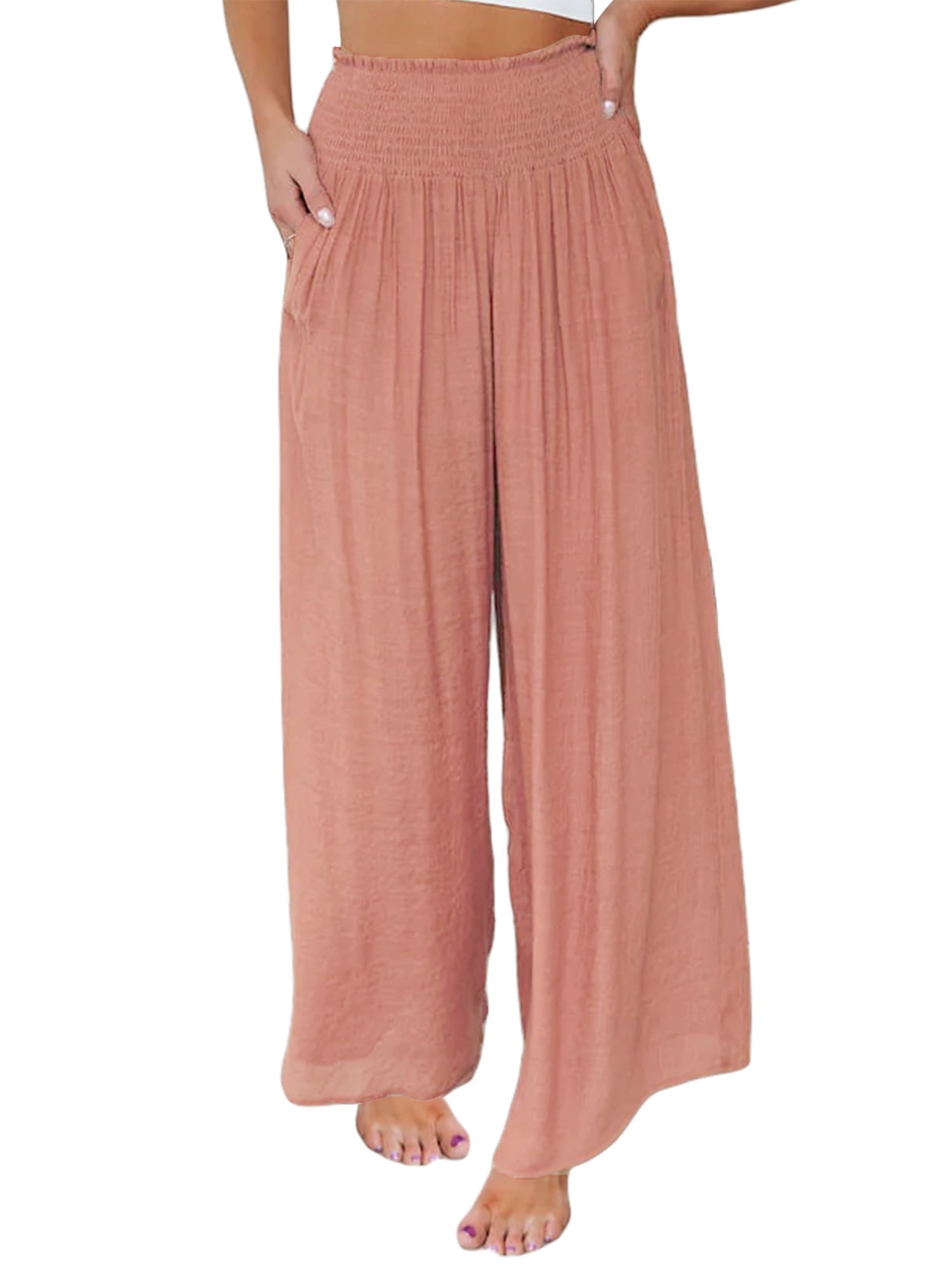 Licupiee Women Ruched Elastic High Waist Wide Leg Pants Summer Boho ...