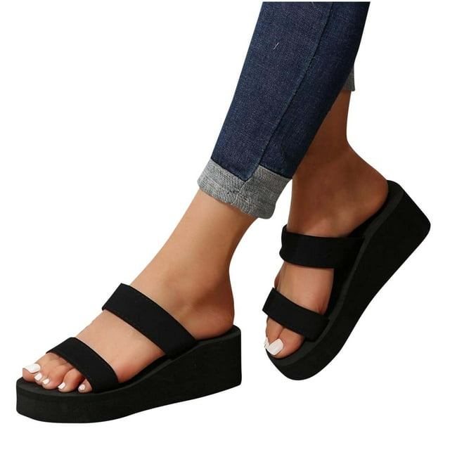 Wedge Sandals for Women Slide Double Straps Open Toe Solid Color Beach Summer Slipper Black