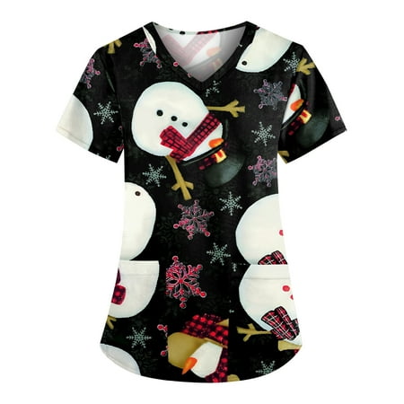 

Tarmeek Christmas Scrub Tops Print Nurse Uniforms for Women Breathable Patterned Short Sleeve V-Neck Plus Size Shirts Tee Tops with Pockets