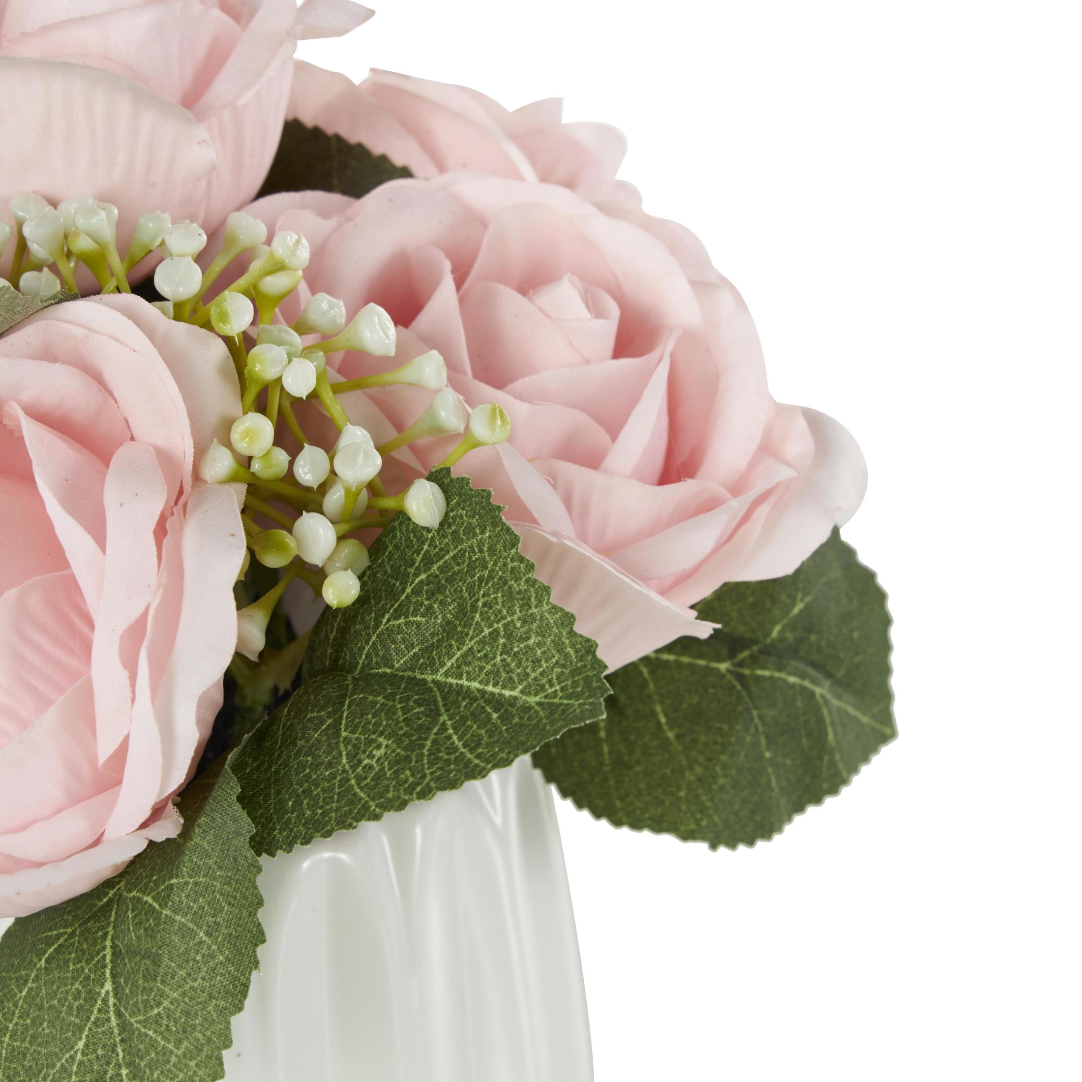 9" Plastic  Hydrangea and Pom Pom Artificial Flower in Green Leaves and Round Ceramic Vase, by DecMode