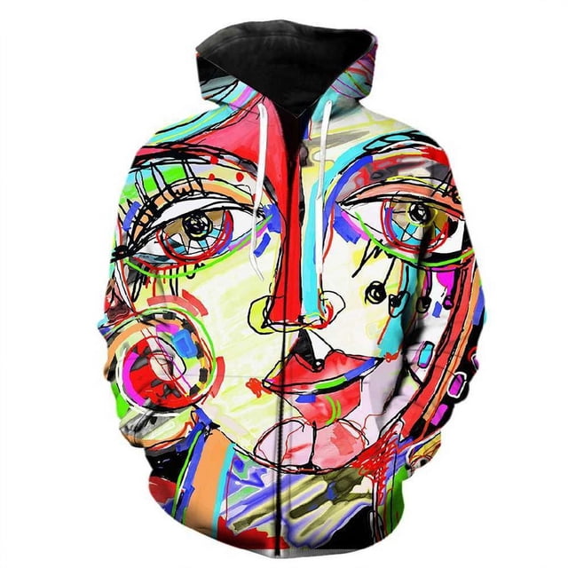 Sudadera con capucha con estampado 3D de grafiti artístico para hombre y niño, con cremallera y patrón abstracto colorido, informal, estilo Harajuku urbano, de manga larga