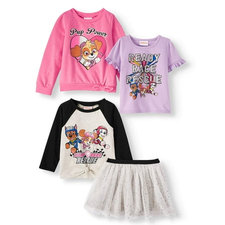 Paw Patrol Side-Knot French Terry Sweatshirt, Tie-Front Long Sleeve Top, Ruffle Short Sleeve Top & Tulle Skirt, 4pc Outfit Set (Toddler