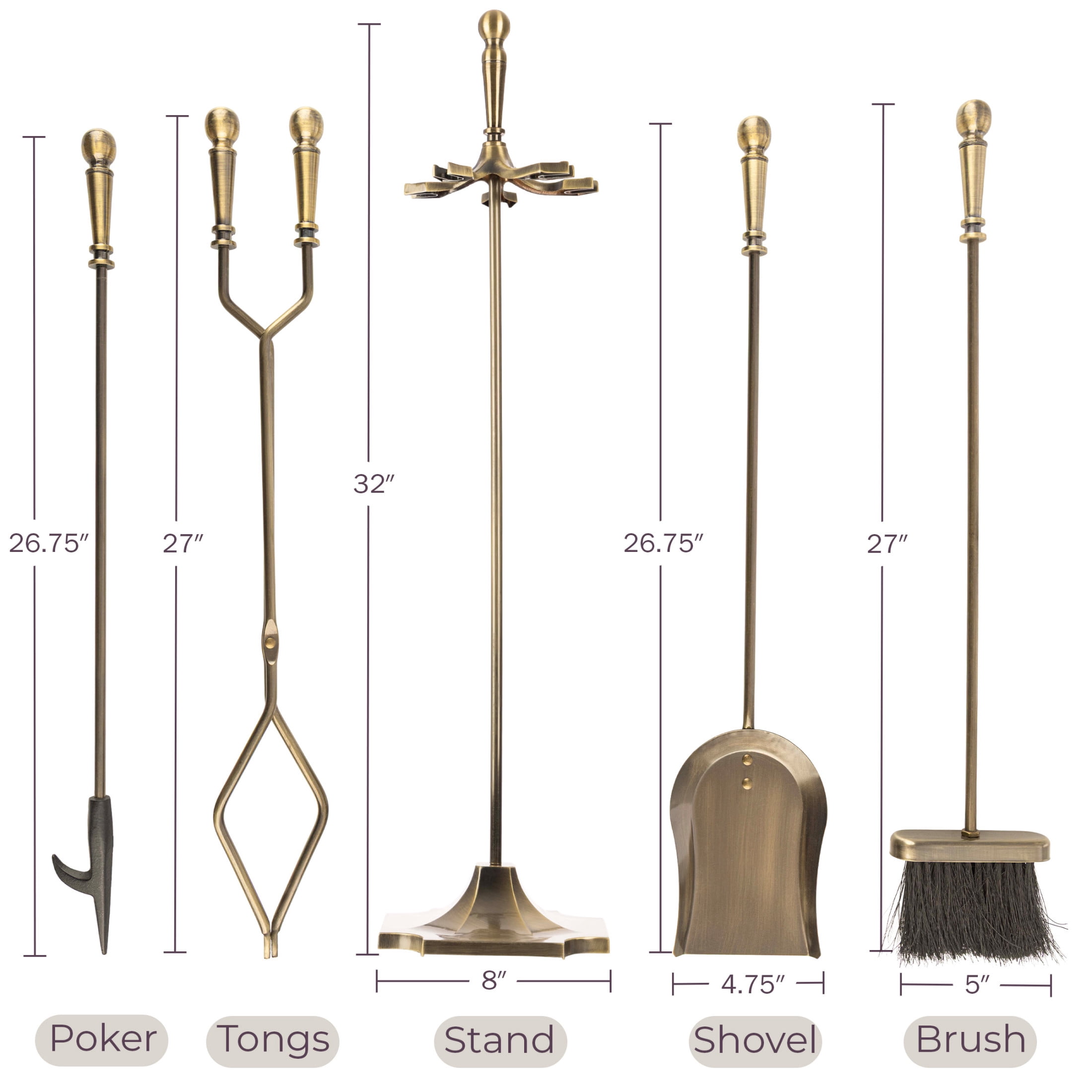 Lavish Home 5PC Indoor/Outdoor Fireplace Tool Set with Stand, Antique Brass