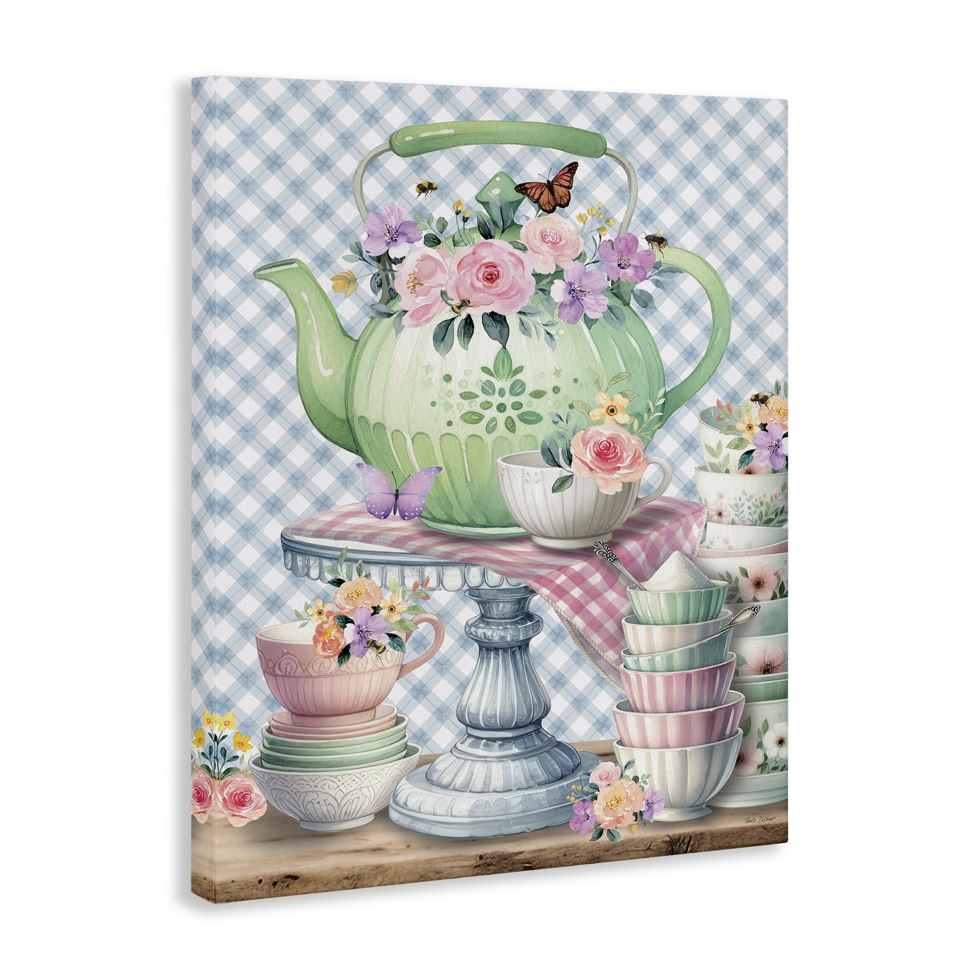 Stupell Industries Tea Kettle on Gingham Food & Beverage Painting Wrapped Canvas Art Print Wall Art, 30 x 40