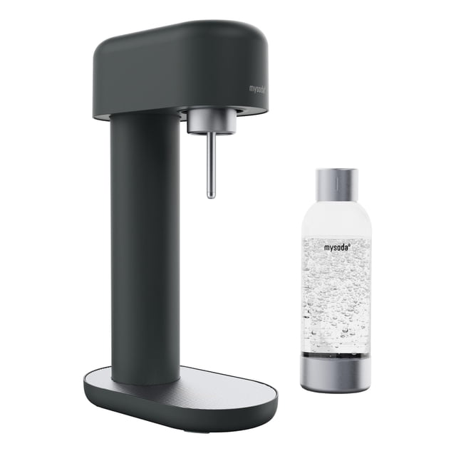 Mysoda Ruby 2 Máquina de agua con gas - Máquina silenciosa de agua carbonatada de aluminio resistente y duradero y botella de agua de 1 litro - Sin bombona de CO2 - Color negro plateado
