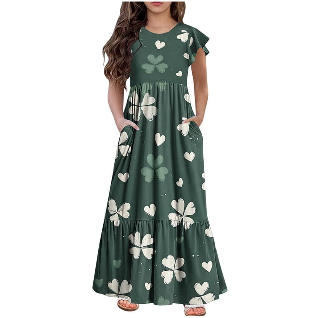Tauxra Robe de la Saint-Patrick pour Filles Manches Courtes Col Rond Robe Décontractée Unie pour Enfants de 6 à 12 Ans Tenue Quotidienne Fête d'Anniversaire Printemps Été