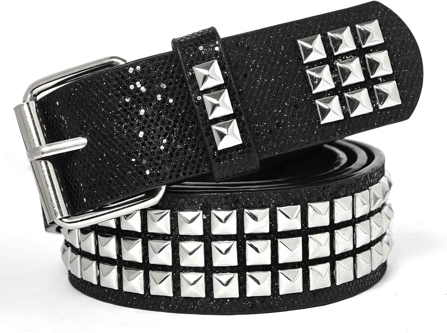 Rush Studded Belt, 3 Row Metal Pyramid Square Beads Punk Leather