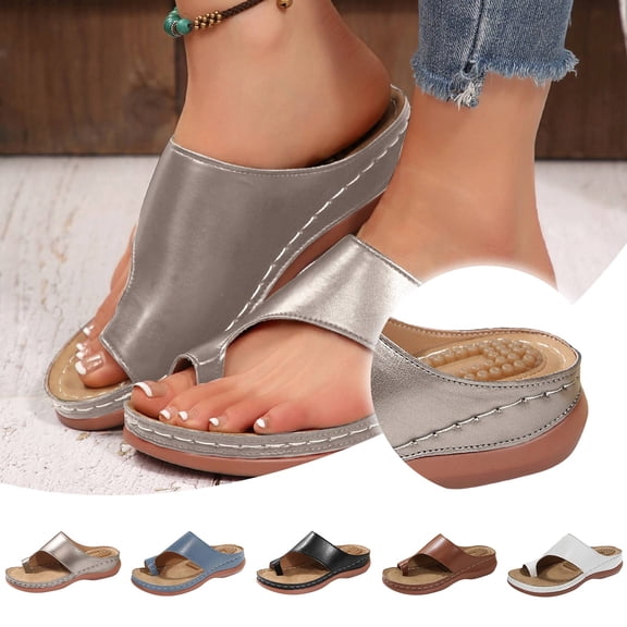 Pandaie Summer Flat Sandals for Women Comfortable Walking Dressy Slides 2026 Ladies Orthopedic Toe Ring Casual Flip Flops Indoor Outdoor Black Size 6.5