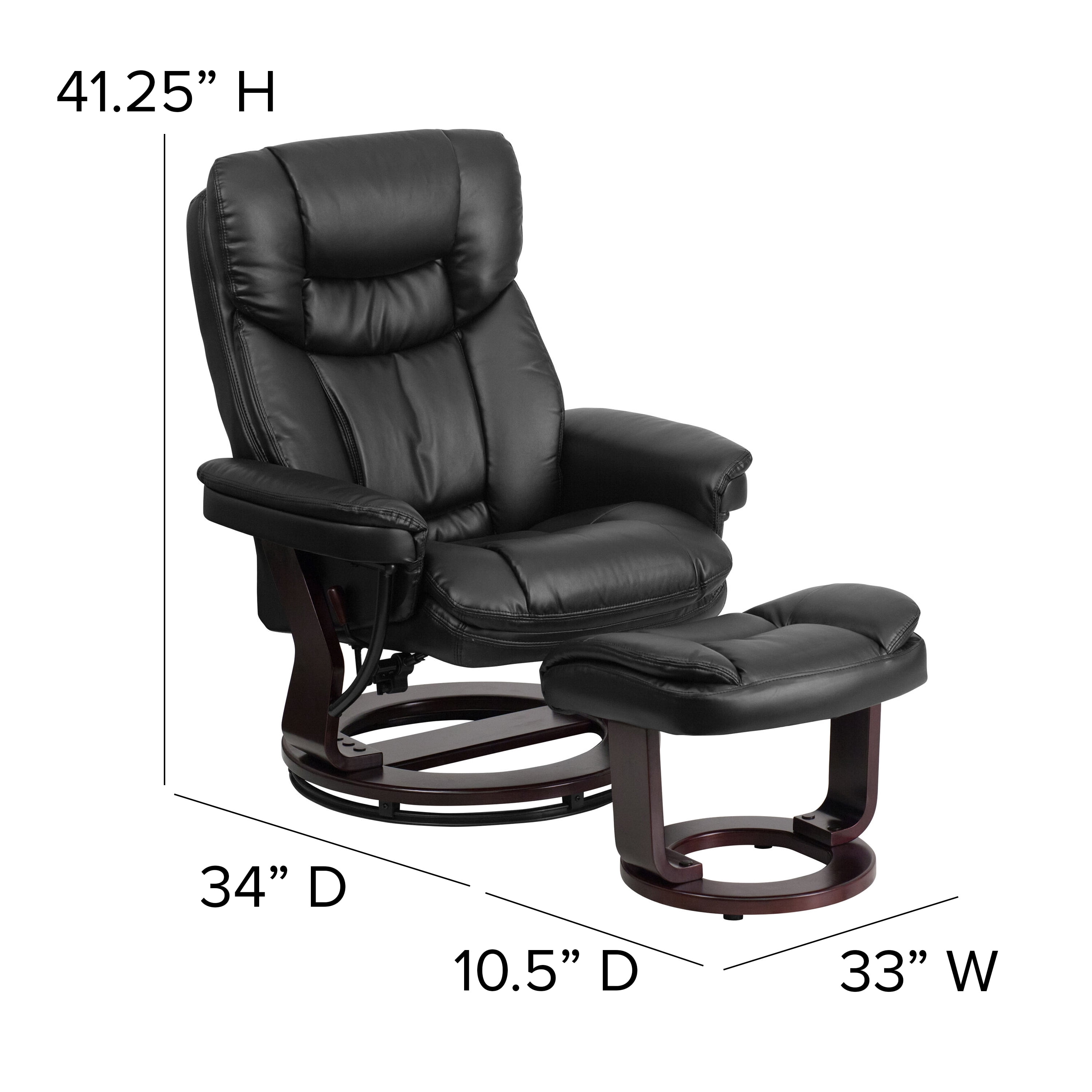Emma + Oliver Multi-Position Recliner/Curved Ottoman - Swivel Wood Base in Black LeatherSoft