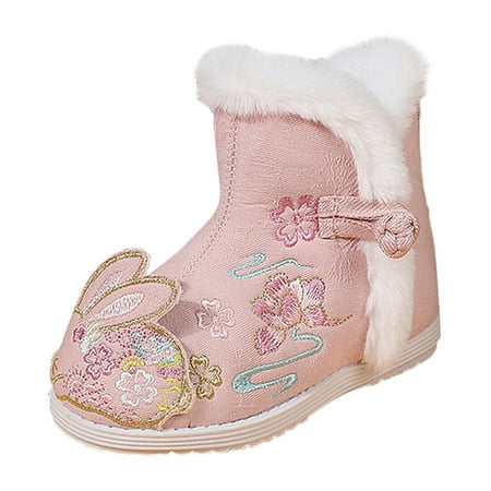 Kureaily Short Boots For Toddler Gilrs Cloth Shoes Ethnic Style Cotton Boots Warm Winter Snow Boots Embroidery Print Shoes 4-4.5 Years
