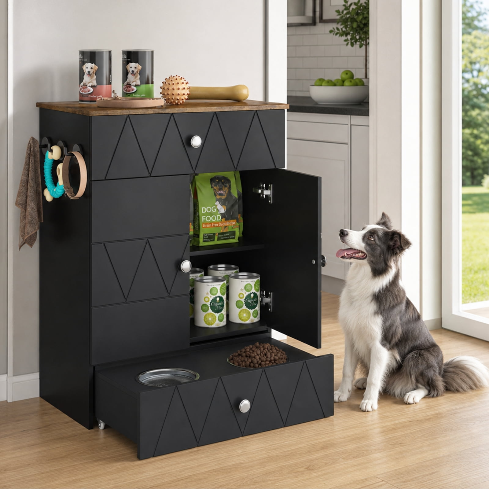 Advwin Pet Feeding Station Furniture with 2 Elevated Dog Bowls, Dog Food Storage Cabinet with Drawer, Adjustable Shelves & Hooks, Black