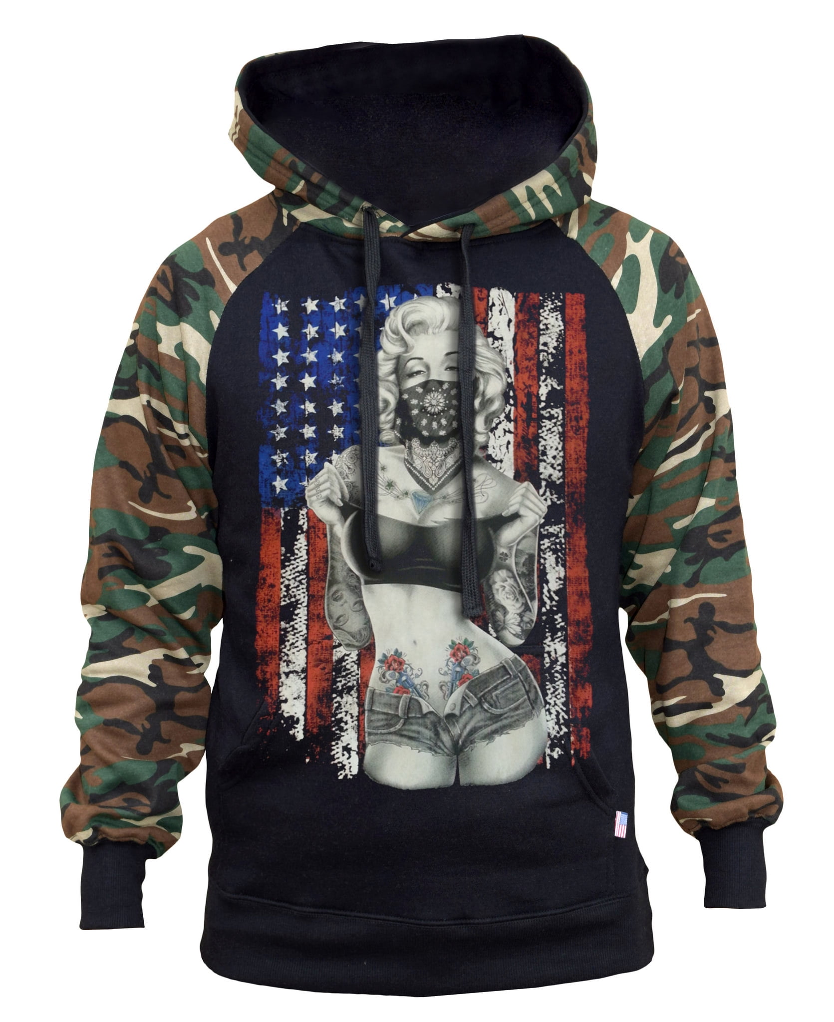 Mens American Marilyn Standing Bandana Flag Black//Camo Raglan Baseball Sweatshirt Black