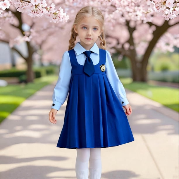 Conjunto de falda para niña, temporada escolar abierta, estilo universitario, vestido con cuello, falda plisada, conjunto de falda, vestido de poliéster para niña