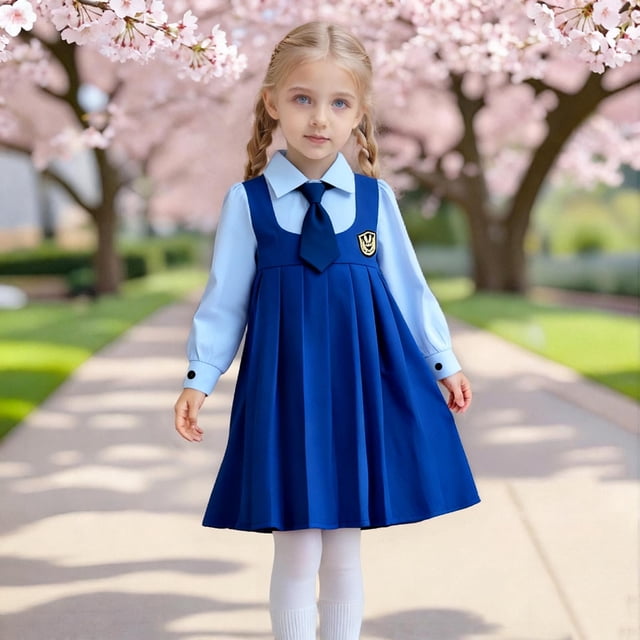 Conjunto de falda para niña, temporada escolar abierta, estilo universitario, vestido con cuello, falda plisada, conjunto de falda, vestido de poliéster para niña