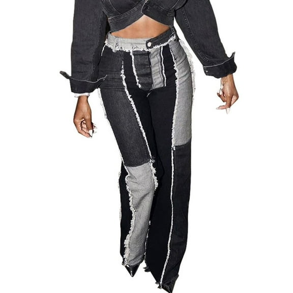Womens Jeans Mid Waisted Women's Fashion Flared Wide-foot Patchwork Jeans And Trousers