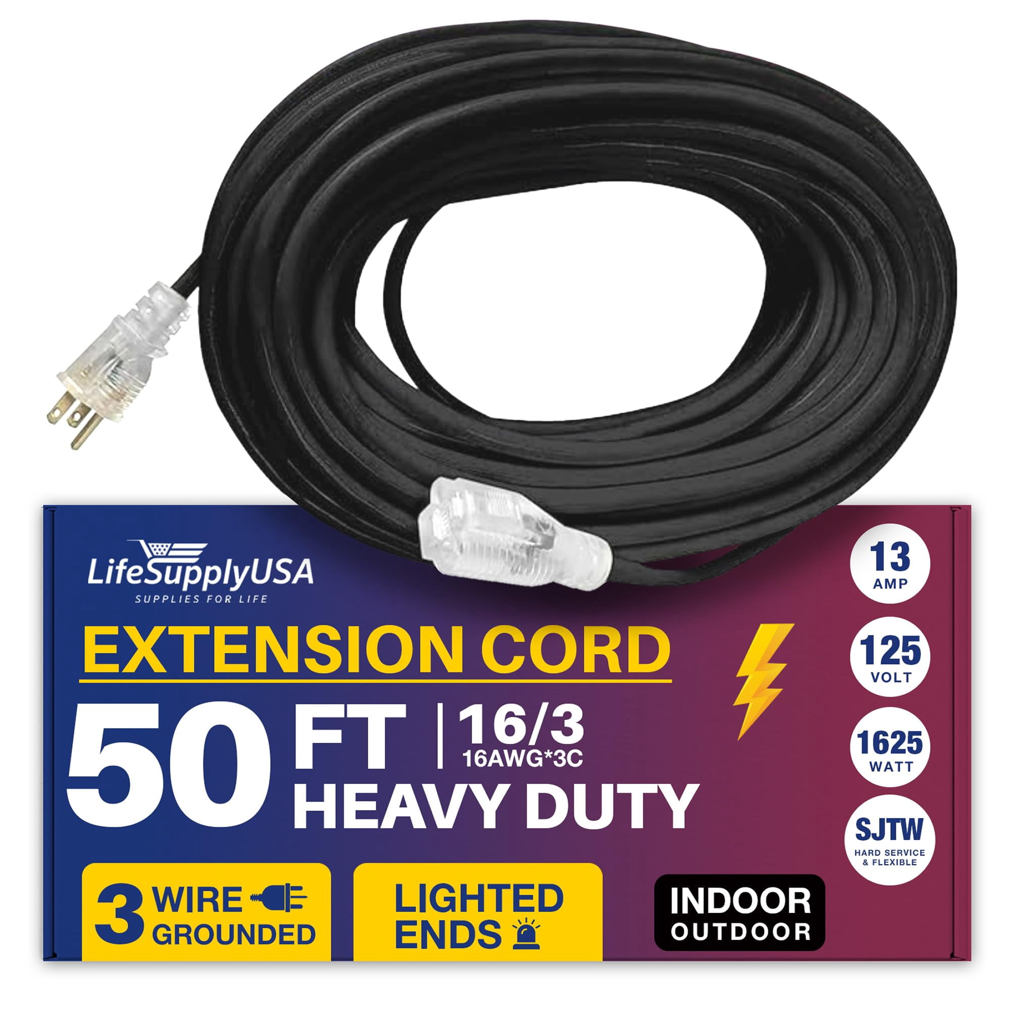 50ft Outdoor/Indoor Extension Cord 16/3 Gauge Heavy Duty 3 Prong SJTW, Waterproof, Flexible Cold-Resistant Long Power Cord,125 Amp 1625W, Black by LifeSupplyUSA