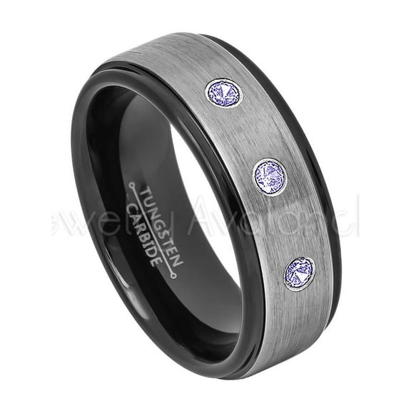 2-Tone Brushed Tungsten Wedding Band - 0.21ctw Tanzanite 3-stone Band - Personalized Tungsten Wedding Ring - Custom Made December Birthstone Ring TN678BS