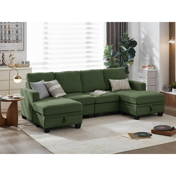 CHIC HOUSE 101" Sectional Sofa with Storage Ottoman Chaise, Corduroy L/U Shaped Sofa Convertible Sectional Couches for Living Room, 6 Seater Corner Modular Sofa with Deep Seat Throw Pillows, Green