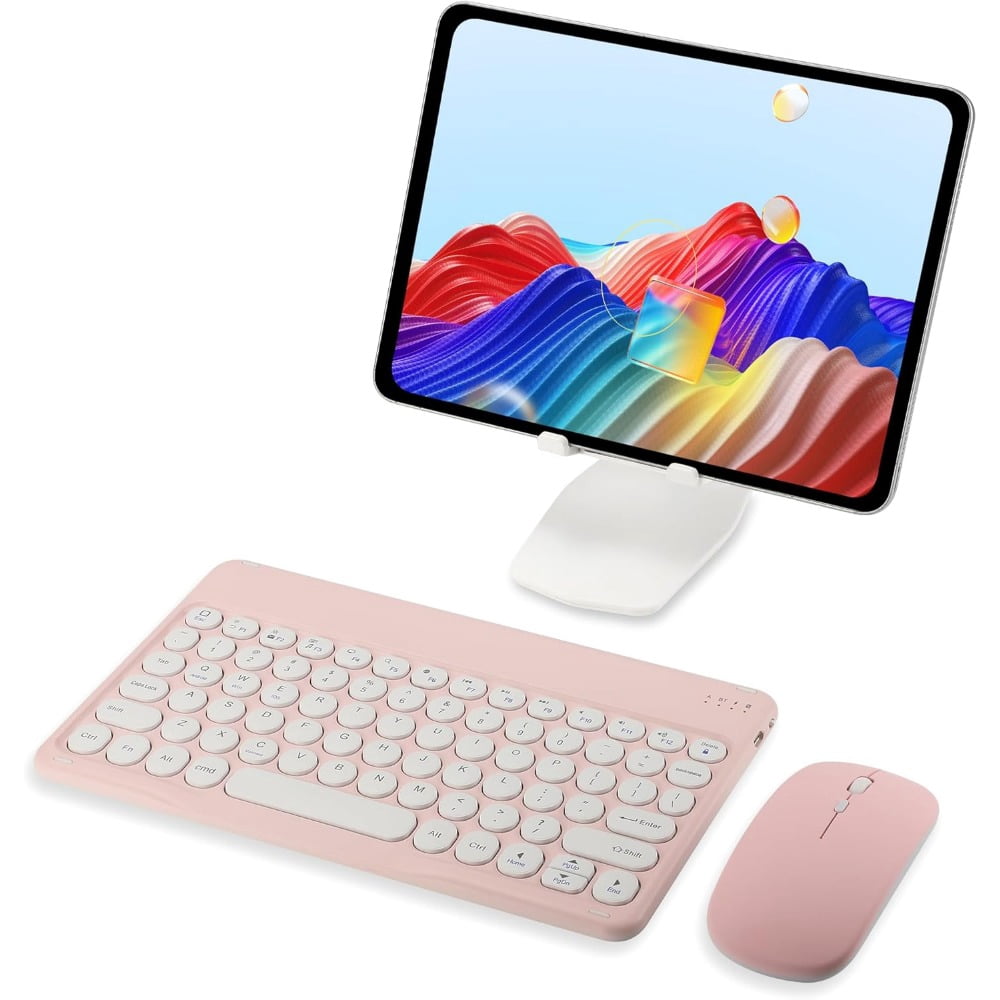 Ultra Slim Retro Bluetooth Keyboard and Mouse Combo,Compact Rechargeable Wireless Keyboard and Mouse for iPad,iPad Mini,iPad Air iPad Pro,iPhone,Windows Android Tablet Smartphone(Pink)